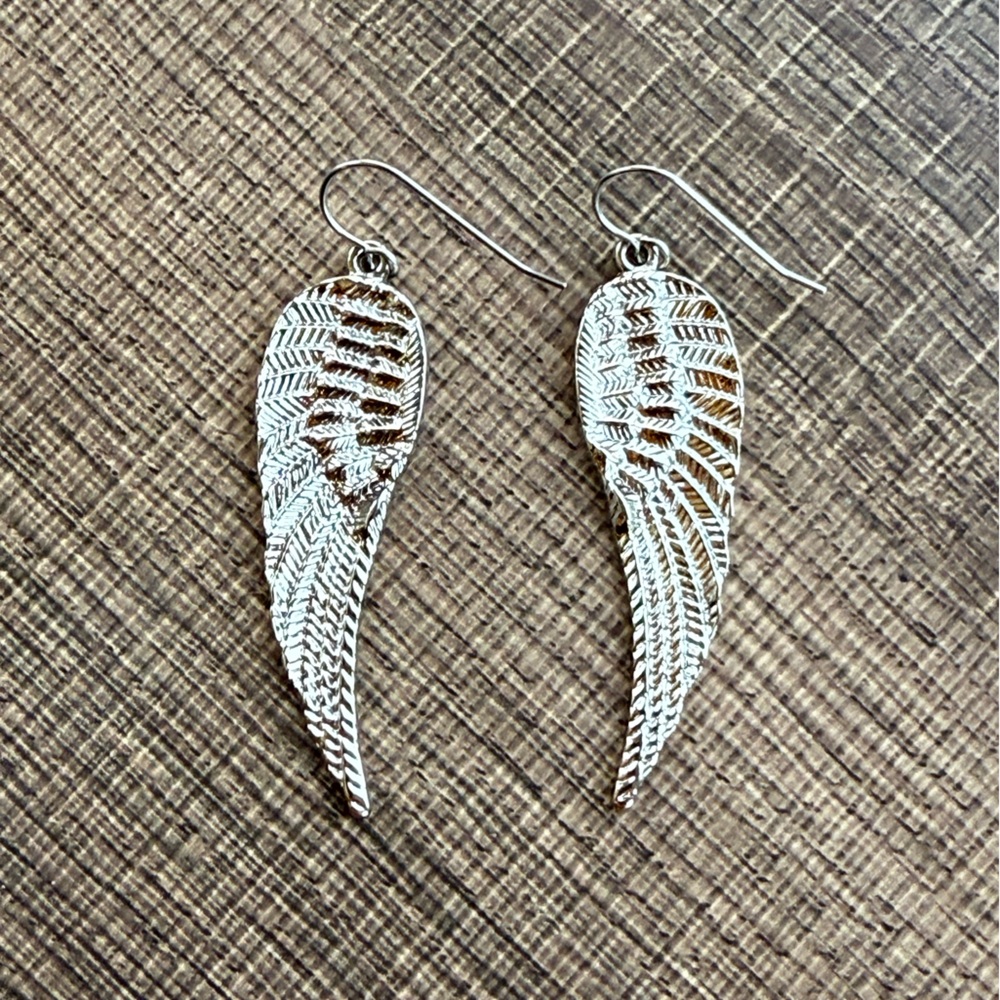 Vintage Boho Style Silver Tone Angel Wing Dangle Earrings